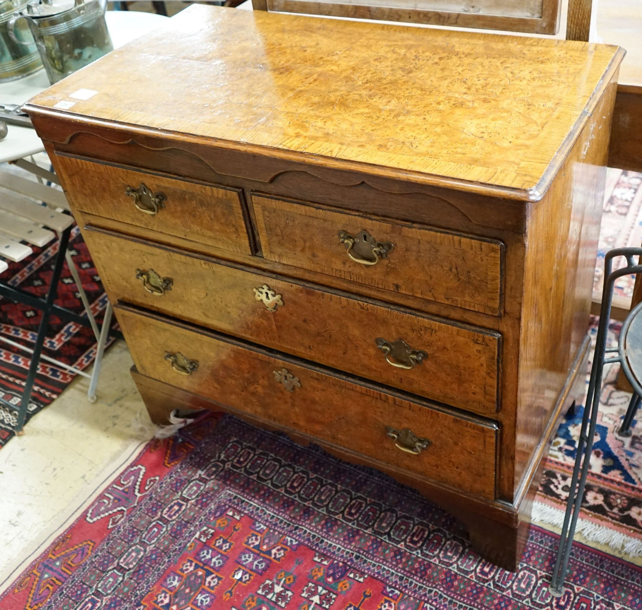 A George III and later banded pollard oak four drawer chest on bracket feet, width 93cm, depth 49cm, height 84cm